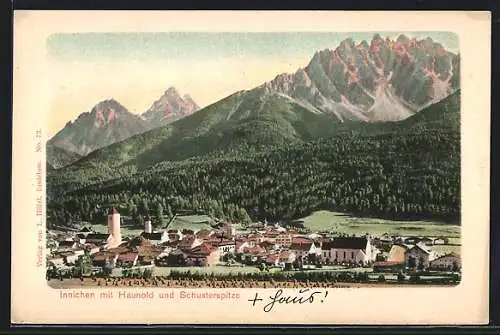 AK Innichen, Ortsansicht mit Haunold und Schusterspitze