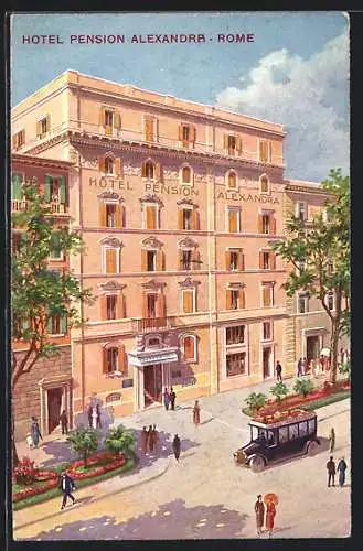 Künstler-AK Rom, Auto am Hotel Pension Alexandra