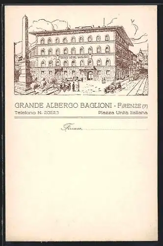 Künstler-AK Firenze, Grande Albergo Baglioni, Piazza Unità Italiana