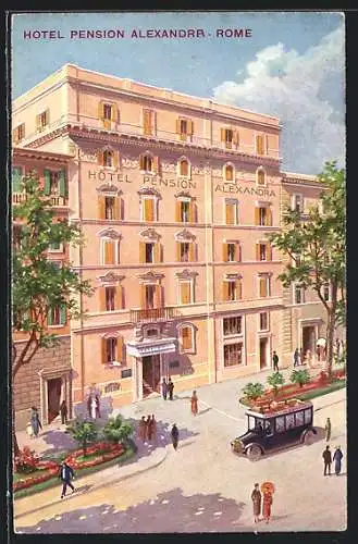 Künstler-AK Rom, Auto am Hotel Pension Alexandra