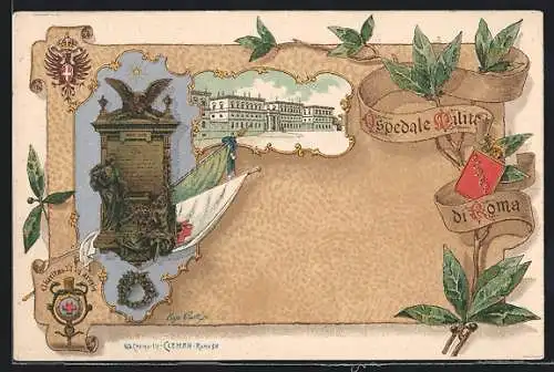 Lithographie Ospedale Militaria di Roma, Gebäude und Gedenktafel
