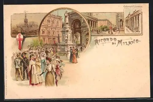 Lithographie Milano, Colonne di S. Lorenzo, Piazza della Scala
