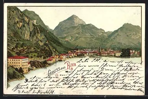Lithographie Riva, Blick auf die Stadt an der Küste