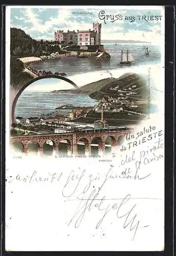 Lithographie Triest, Ortsansicht und Schloss Miramare