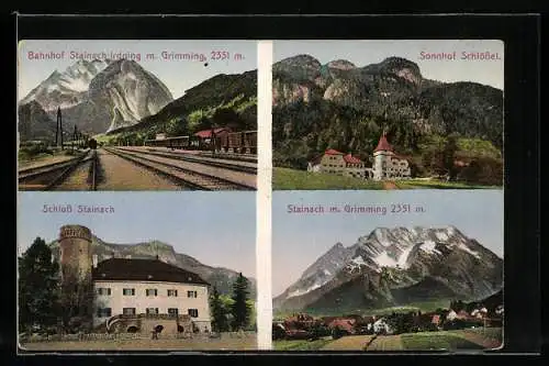 AK Stainach-Irdning, Bahnhof, Schloss Stainach, Sonnhof Schlössel, Blick zum Grimming