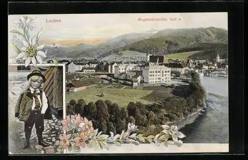 AK Leoben, Teilansicht mit Mugelschutzhütte, Kleiner Junge in Tracht