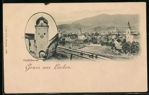 AK Leoben, Stadtthurm, Ortsansicht aus der Vogelschau