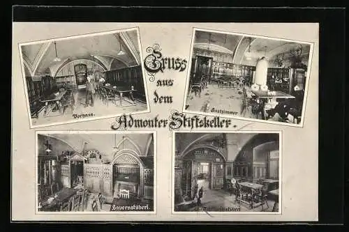 AK Admont, Gasthaus Admonter Stiftskeller, Innenansichten Bauernstüberl, Jubiläumsstüberl und Gastzimmer