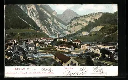 AK Hieflau, Totalansicht aus der Vogelschau mit Blick auf das umliegende Gebirge