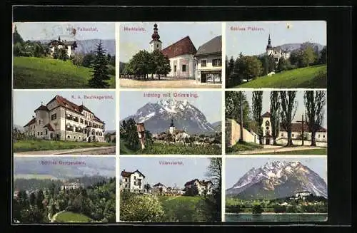 AK Irdning, Marktplatz mit Kirche, Villenviertel, Bezirksgericht, Schloss Gumpenstein, Villa Falkenhof, Schloss Pichlarn