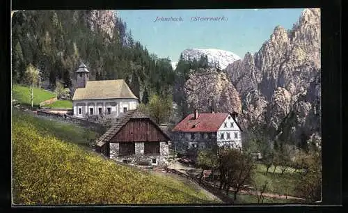 AK Johnsbach, Teilansicht mit Kirche, Gesäuse