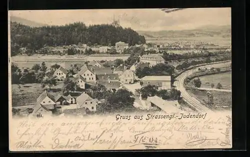 AK Strassengel-Judendorf, Ortsansicht mit Bahnstrecke aus der Vogelschau