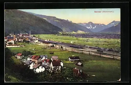 AK Selztal /Steiermark, Ortsansicht mit Bahngelände und Umgebung aus der Vogelschau