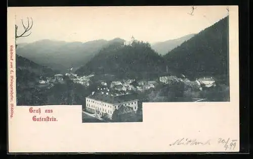 AK Gutenstein /N. Ö., Ortsansicht mit Schloss und Bergpanorama aus der Vogelschau