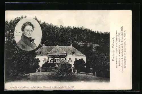 AK Gutenstein /N.-Österr., Ferdinand Reimund, Portrait und Grabdenkmal