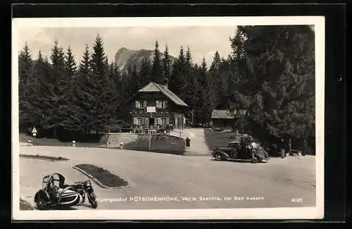 AK Bad Aussee, Alpengasthof Pötschenhöhe, Motorrad mit Beiwagen