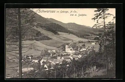 AK Schwarzau i. Gebirge, Totalansicht mit bergiger Landschaft