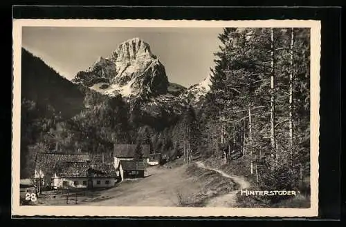 AK Hinterstoder, Ortspartie mit Wanderweg am Wald und Berggipfel