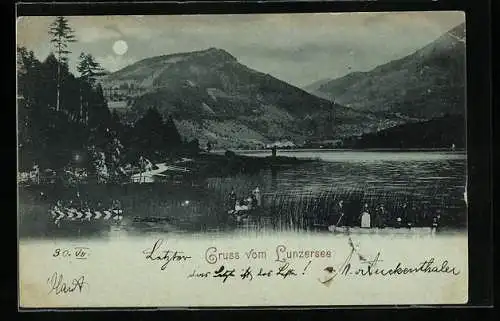 Mondschein-AK Lunz am See, Partie am Lunzersee, mit Uferstrasse und Booten