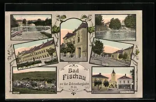 AK Fischau, Badeanstalt, Herrenbad, Platz, Kirche u. Schule