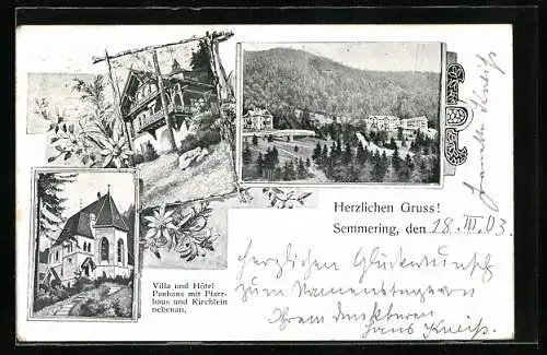 AK Semmering, Hotel und Villa Panhaus mit Pfarrhaus und Kirchlein nebenan