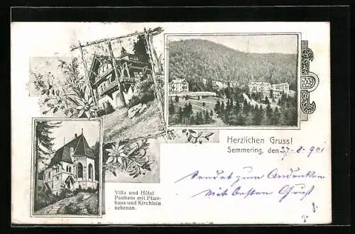 AK Semmering, Hotel und Villa Panhans mit Pfarrhaus und Kirchlein nebenan