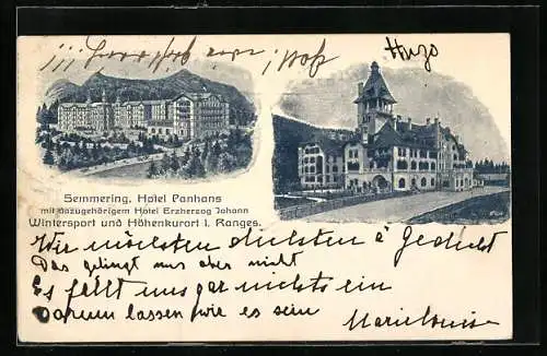 AK Semmering, Hotel Panhans mit Hotel Erzherzog Johann