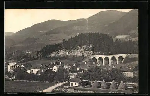 AK Steinhaus am Semmering, Ortspartie mit Viadukt