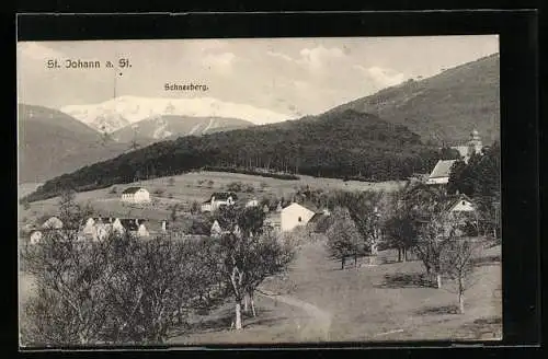AK St. Johann am Steinfeld, Ortspanorama mit Schneeberg
