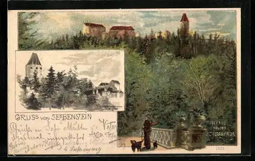 Künstler-AK Seebenstein, Partie aus dem Schlosspark, Jäger mit Hunden