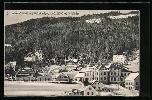 AK Mönichkirchen, Der untere Ortsteil mit Hotel Lang im Winter