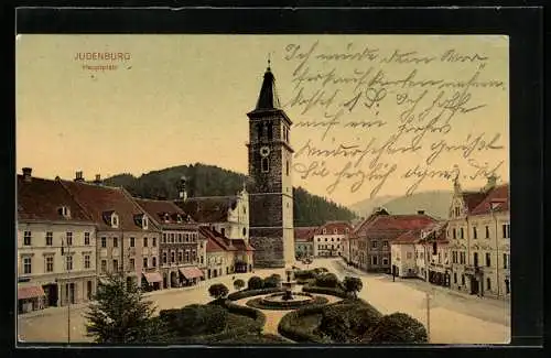 AK Judenburg, Hauptplatz mit Brunnen