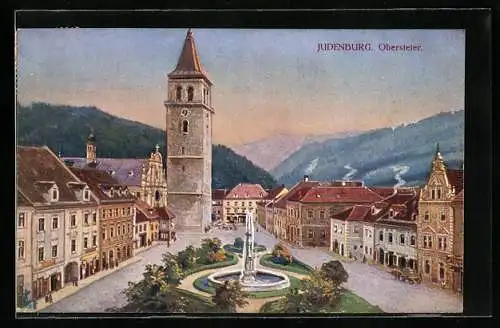 AK Judenburg, Ortspartie mit Kirche aus der Vogelschau