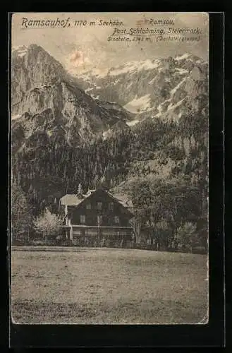 AK Ramsau, Gasthaus Ramsauhof mit Dachsteingruppe