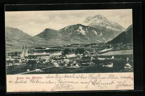 AK Admont, Ortspanorama mit Bergen