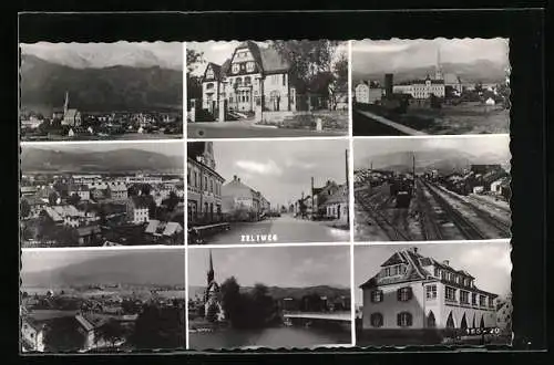 AK Zeltweg, Strassenpartien, Bahngleise und Kirche