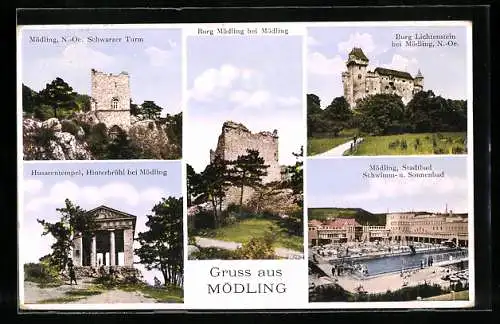 AK Mödling, Schwarzer Turm, Burg, Husarentempel, Schwimm- & Sonnenbad