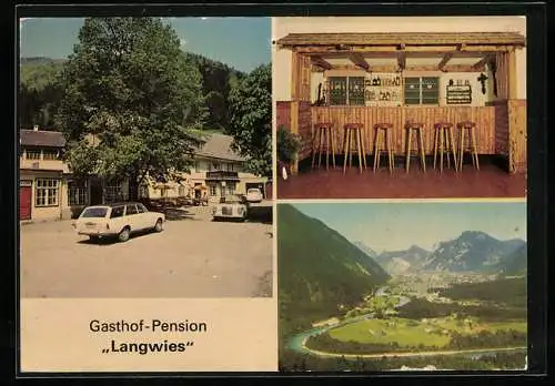 AK Ebensee /Salzkammergut, Gasthof-Pension Langwies mit Baransicht, Gesamtansicht des Tals