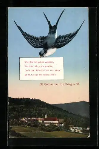 AK St. Corona bei Kirchberg, Ortsansicht und Schwalbe mit kurzem Gedicht