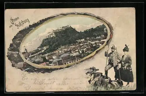 AK Salzburg, Stadtansicht und wandernes Paar