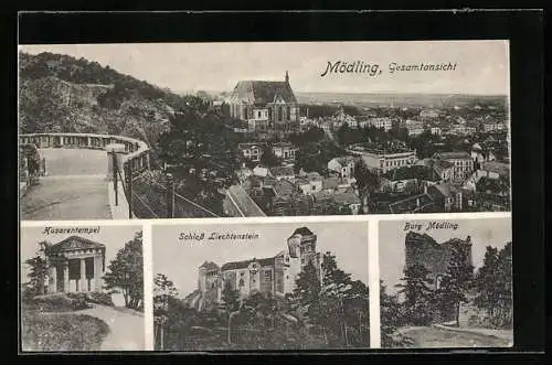 AK Mödling, Gesamtansicht, Husarentempel, Schloss Liechtenstein und Burg