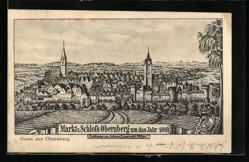 Künstler-AK Obernberg, Totalansicht mit Schloss um 1640