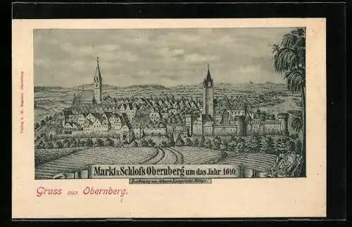 Künstler-AK Obernberg, Markt und Schloss um das Jahr 1640