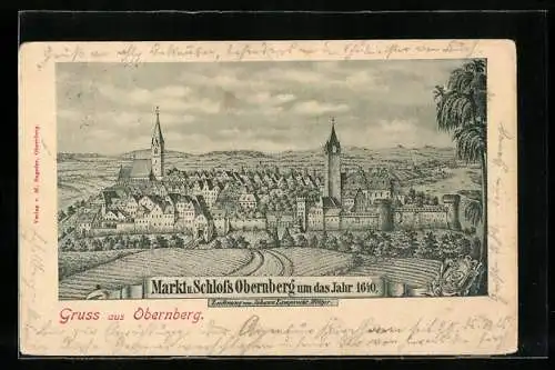 Künstler-AK Obernberg, Schloss und Markt um das Jahr 1640