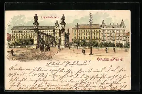 Lithographie Wien, Strassenpartie an der Augartenbrücke