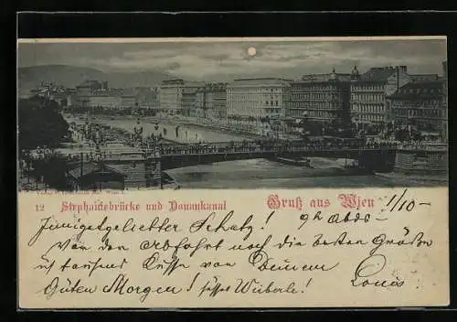 Mondschein-AK Wien, Stephaniebrücke und Donaukanal