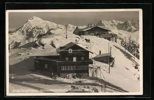 AK Kitzbühel-Hahnenkamm, Unterkunftshaus Hahnenkammbahn im Schnee