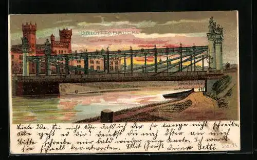 Lithographie Wien, Brigittabrücke in der Dämmerung