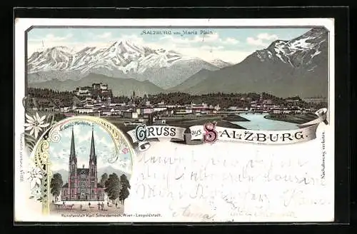 Lithographie Salzburg, Wallfahrtskirche Maria Plain, Totalansicht