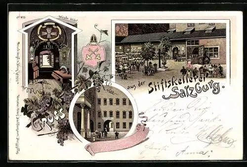 Lithographie Salzburg, Stiftskellerei mit innenansicht